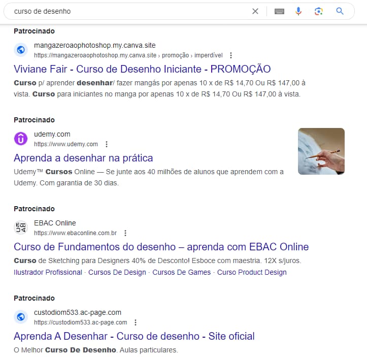 A imagem mostra uma captura de tela de uma lista de resultados patrocinados de uma pesquisa na internet sobre "curso de desenho". O primeiro resultado tem o título "Curso de Desenho Iniciante - PROMOÇÃO", com condições de pagamento em parcelas ou à vista. O segundo é da Udemy,  com título "Aprenda a desenhar na prática" e menciona que mais de 40 milhões de alunos estão aprendendo com os cursos online da plataforma. O terceiro resultado tem título "Curso de Fundamentos do desenho – aprenda com EBAC Online", mencionando um desconto de 40% e a possibilidade de parcelamento sem juros. O quarto resultado tem título "Aprenda A Desenhar - Curso de desenho - Site oficial". Todos os resultados têm a tag "Patrocinado" indicando que são anúncios pagos.