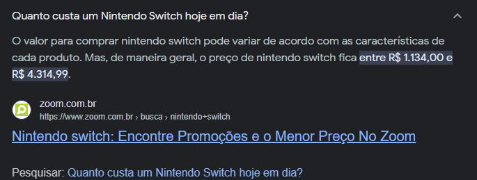 Resposta de pergunta do People Also Asked do Google, mostrando página do Zoom respondendo quanto custa um Nintendo Switch