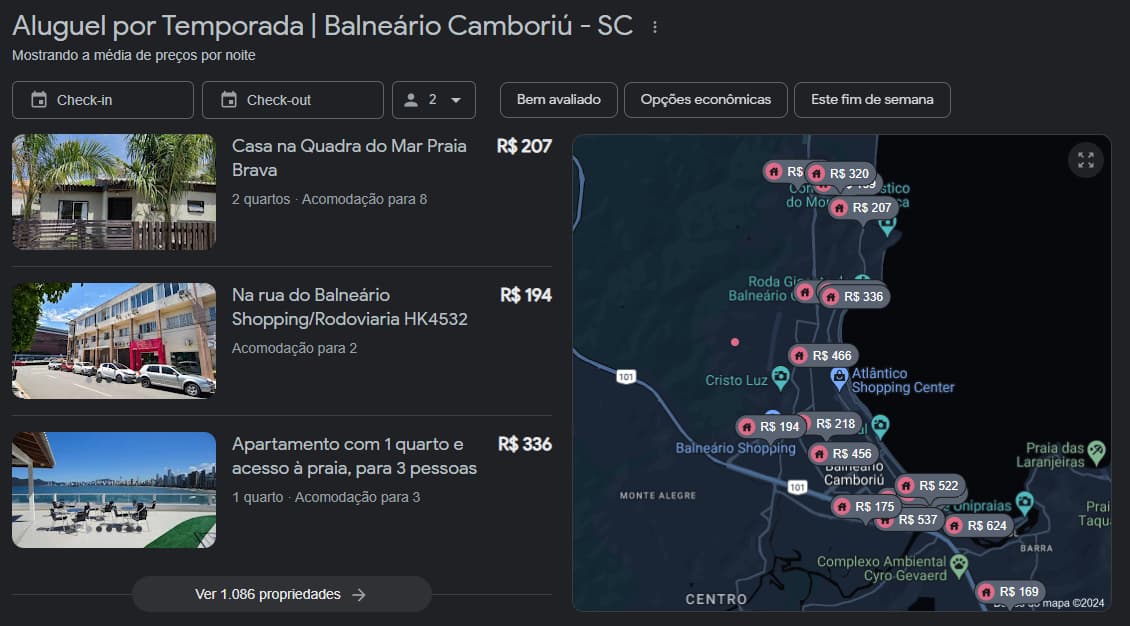 Exibição de página de listas de aluguel por temporada em Balneário Camboriú como resultado rico de busca, mostrando lista de imóveis, preços e filtros para escolher data de check-in, check-out e quantidade de hóspedes