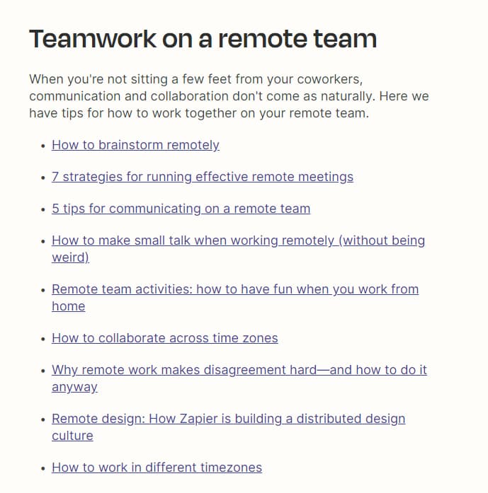 trecho de texto com dicas de trabalho em equipe para equipes remotas. O texto tem uma introdução e uma série de links para diferentes textos do blog da Zapier