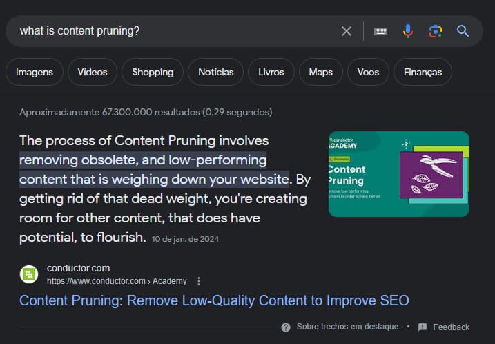 Captura de tela de uma página de resultados de um motor de busca com a consulta "what is content pruning?" O foco principal é um trecho em destaque que define a poda de conteúdo: "O processo de Poda de Conteúdo envolve a remoção de conteúdo obsoleto e de baixo desempenho que está pesando em seu site. Ao se livrar desse peso morto, você está criando espaço para outro conteúdo, que tem potencial para florescer".