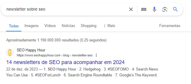 Pesquisa do Google sobre newsletter sobre SEO, com destaque para o resultado de pesquisa da SEO Happy Hour, com artigo sobre newsletters de SEO para se inscrever. O resultado de pesquisa mostra descrição do resultado, ícone, breadcrumbs, nome do site e favicon. 