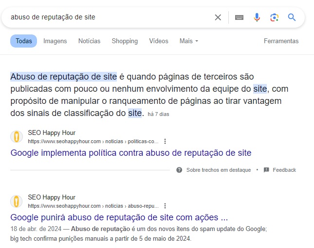 captura de tela de pesquisa do google sobre 'abuso de reputação de site', mostrando duas páginas da SEO Happy Hour nos primeiros resultados