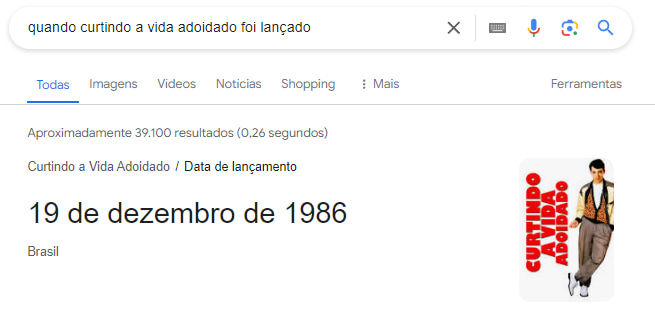 pesquisa sobre a entidade curtindo a vida adoidado, mostrando a data de lançamento do filme, em 19 de dezembro de 1986