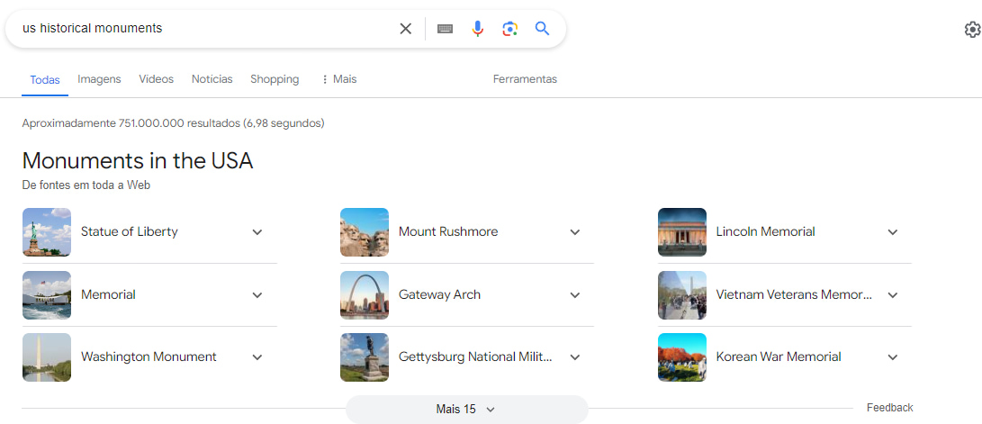 captura de tela de pesquisa sobre monumentos históricos dos eua, mostrando monte rushmore, estátua da liberdade, lincoln memorial, gateway arch, entre outros