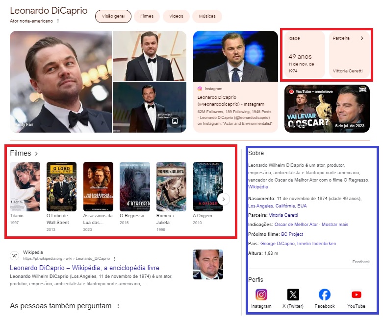 captura de tela do resultado de busca para leonardo di caprio, com filmes, idade, parceira do ator marcados com um retângulo vermelho, e knowledge panel marcado em azul