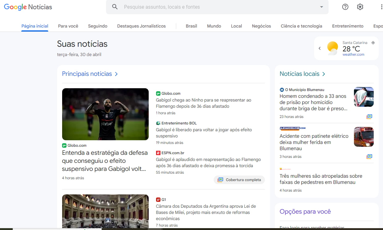 Captura da tela inicial do Google Notícias, na aba "suas notícias", com destaque para uma notícia sobre a suspensão de Gabigol