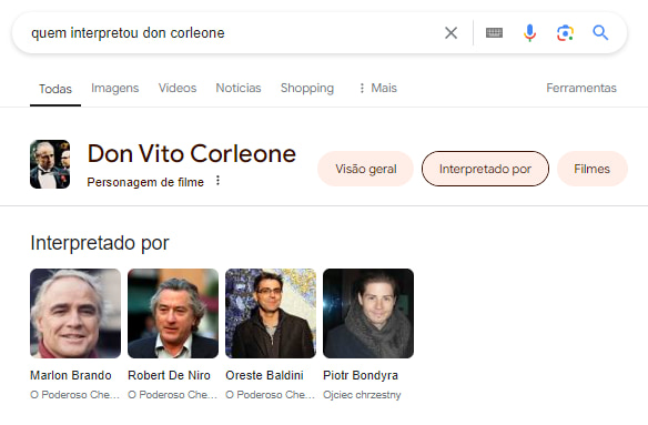 captura de tela do google para a pesquisa quem interpretou don corleone, exibindo entidades de marlon brando, robert de niro, orestes baldini e pyotr bondyra