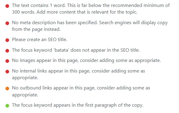 captura de tela com as recomendações de SEO do yoast, mostrando as bolinhas vermelhas, laranjas e verdes