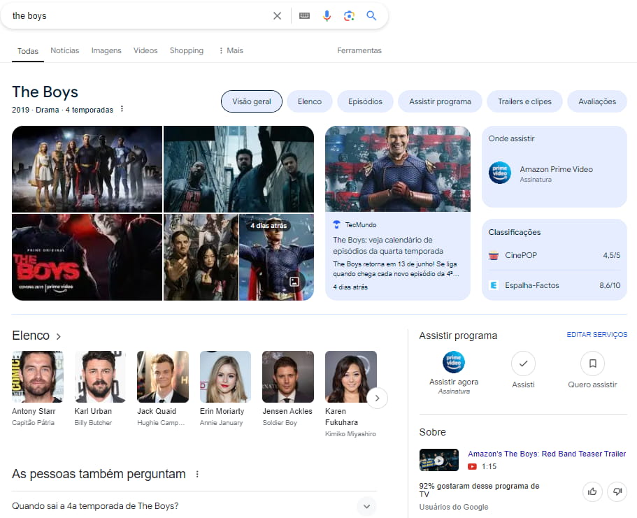 resultado da SERP do Google para The Boys, mostrando diversos recursos adicionais além dos resultados de pesquisa padrão