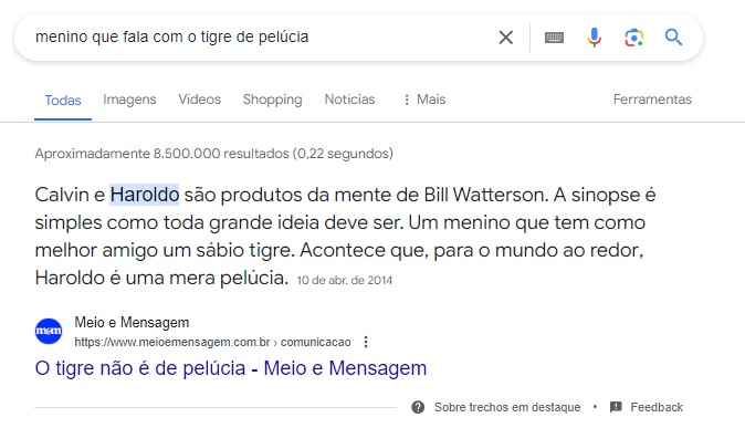 captura de tela da pesquisa do google, mostrando um snippet destacado com a descriçãod e calvin e haroldo para a pesquisa "menino que fala com o tigre de pelúcia"