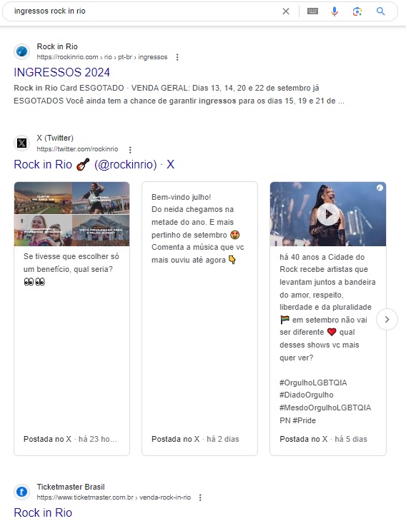 captura de tela da pesquisa do google para a palavra-chave 'ingressos rock in rio'