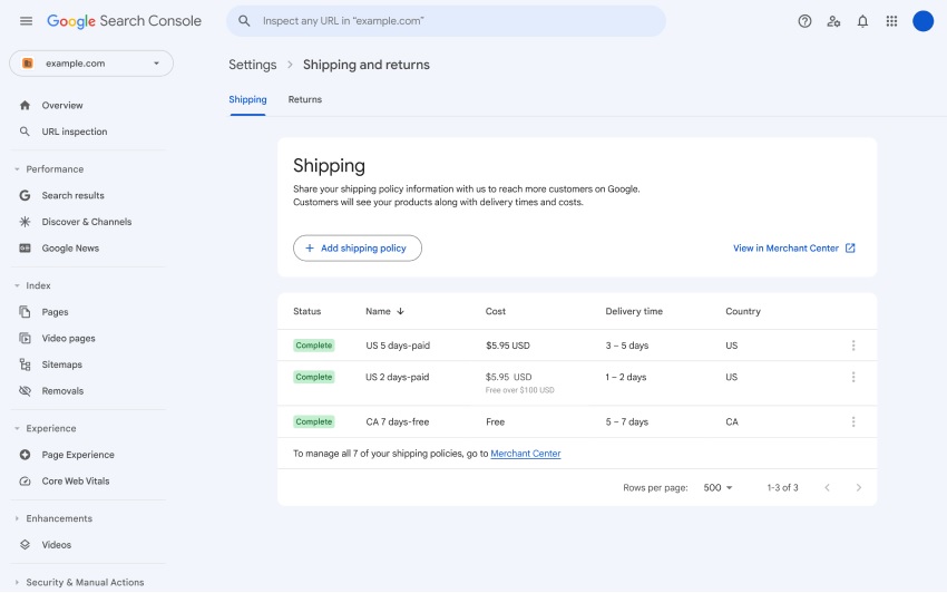 tela de configurações de entregas e devoluções no Google Search Console