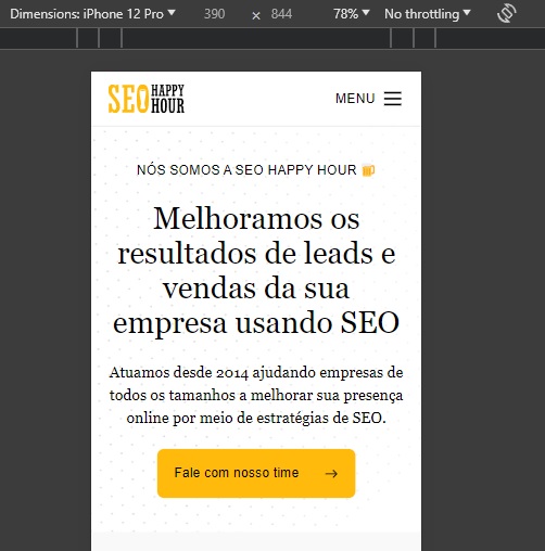 versão mobile do site da SEO Happy Hour, em exibição através do "inspecionar" do Google Chrome