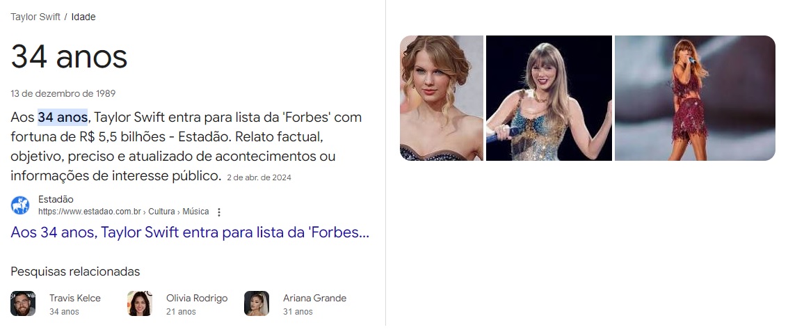 Snippet do Google que mostra a idade da cantora Taylor Swift diretamente na SERP