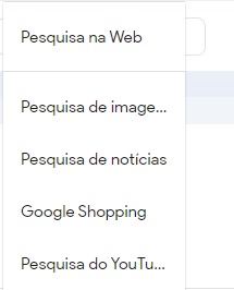 filtro com tipos de pesquisa no google trends, com pesquisa web, imagens, notícias, shopping e youtube